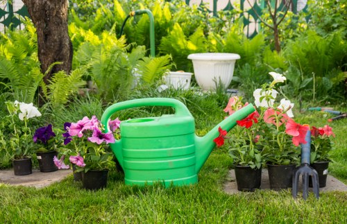 Upminster landscaping with decorative paving and evergreen shrubs