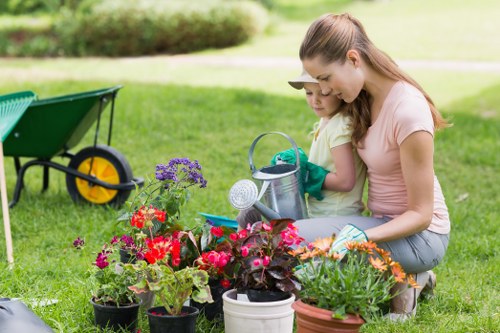 Landscaping tools and prepared outdoor site